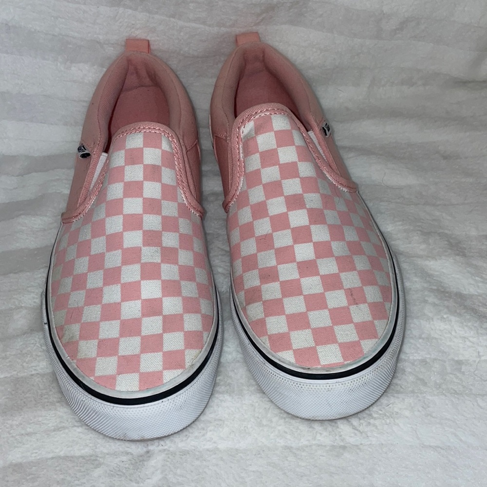 Pink and White Checker Slip-On Vans, Sz 6